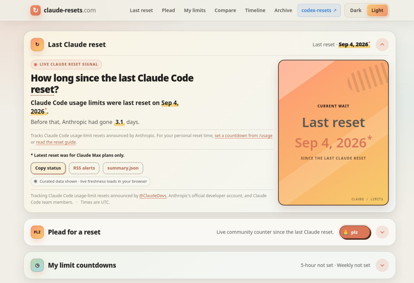 Aperçu du site officiel de Claude Code Reset Tracker