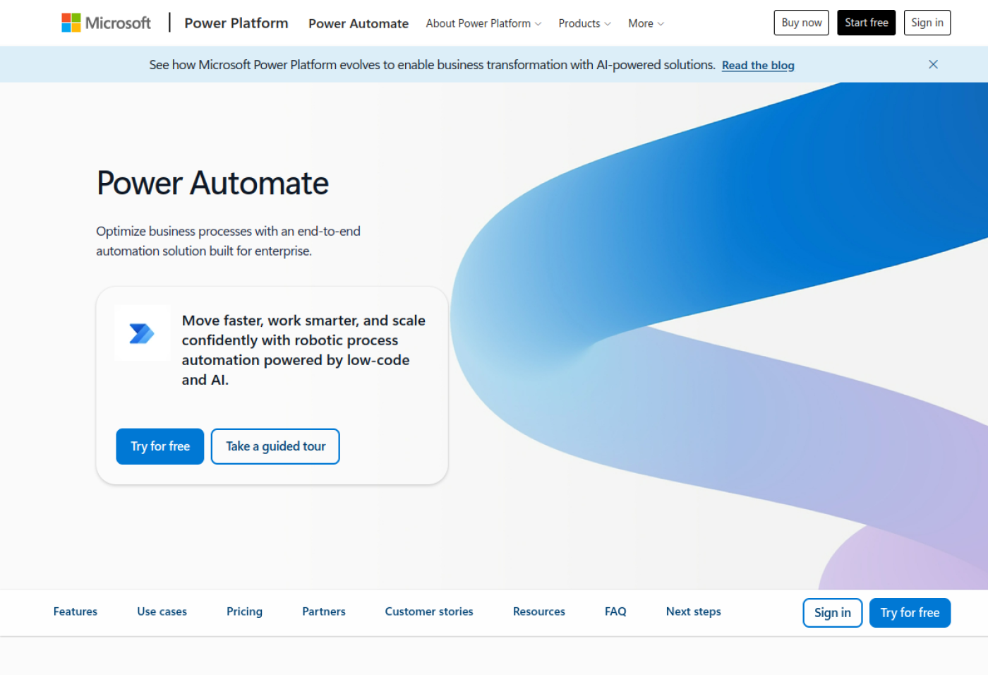 Aperçu du site officiel de Microsoft Power Automate