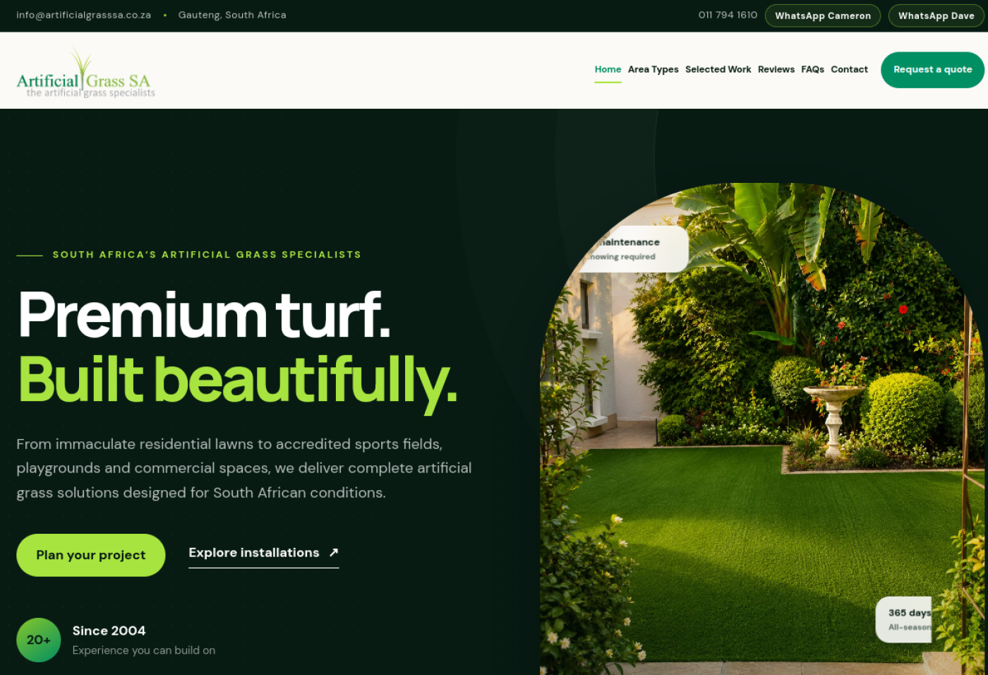 Screenshot of the Artificial Grass SA website