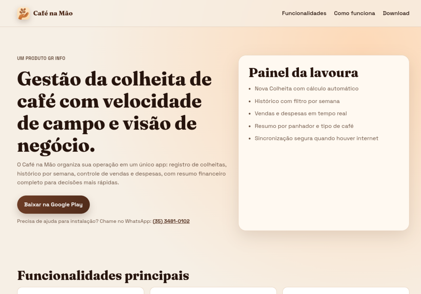 Screenshot do site Café na mão