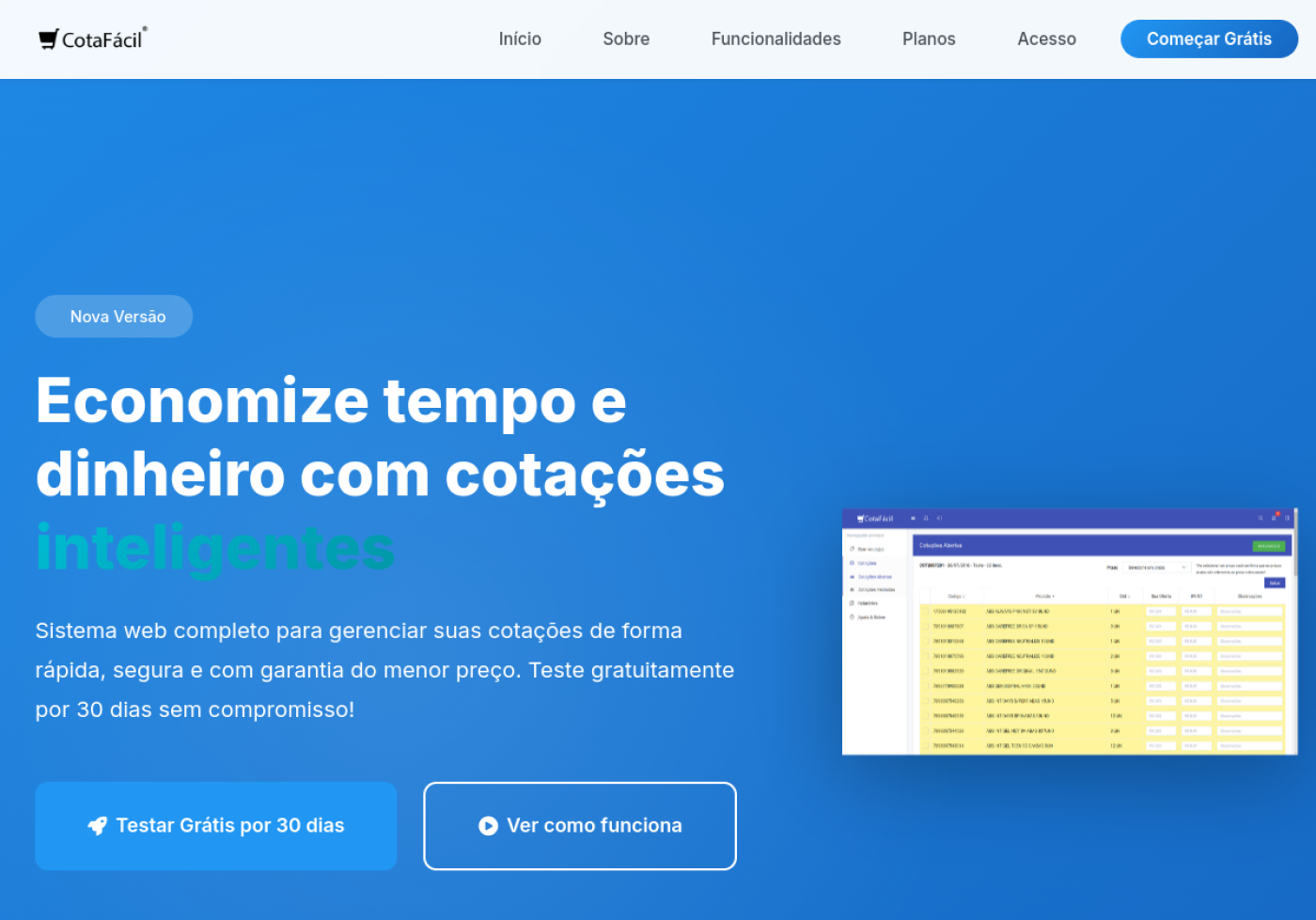 Screenshot do site CotaFácil