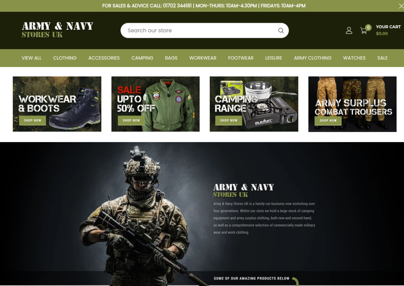 Army and Navy Stores UK Shopify website