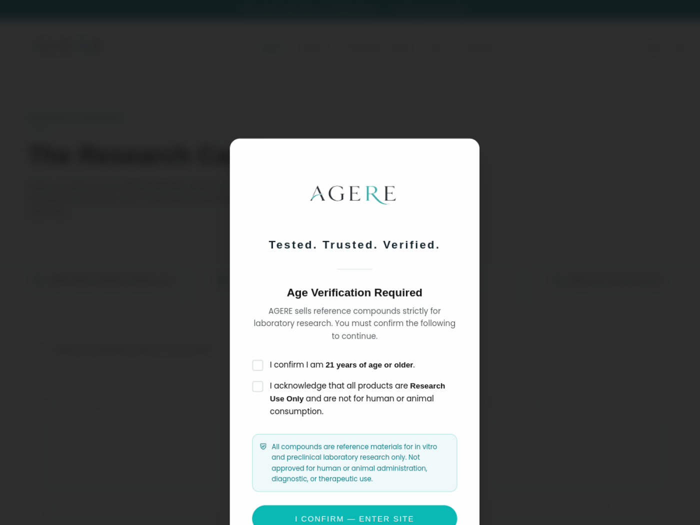 AGERE research catalog with 44 compounds, lot-matched COA badges on every product
