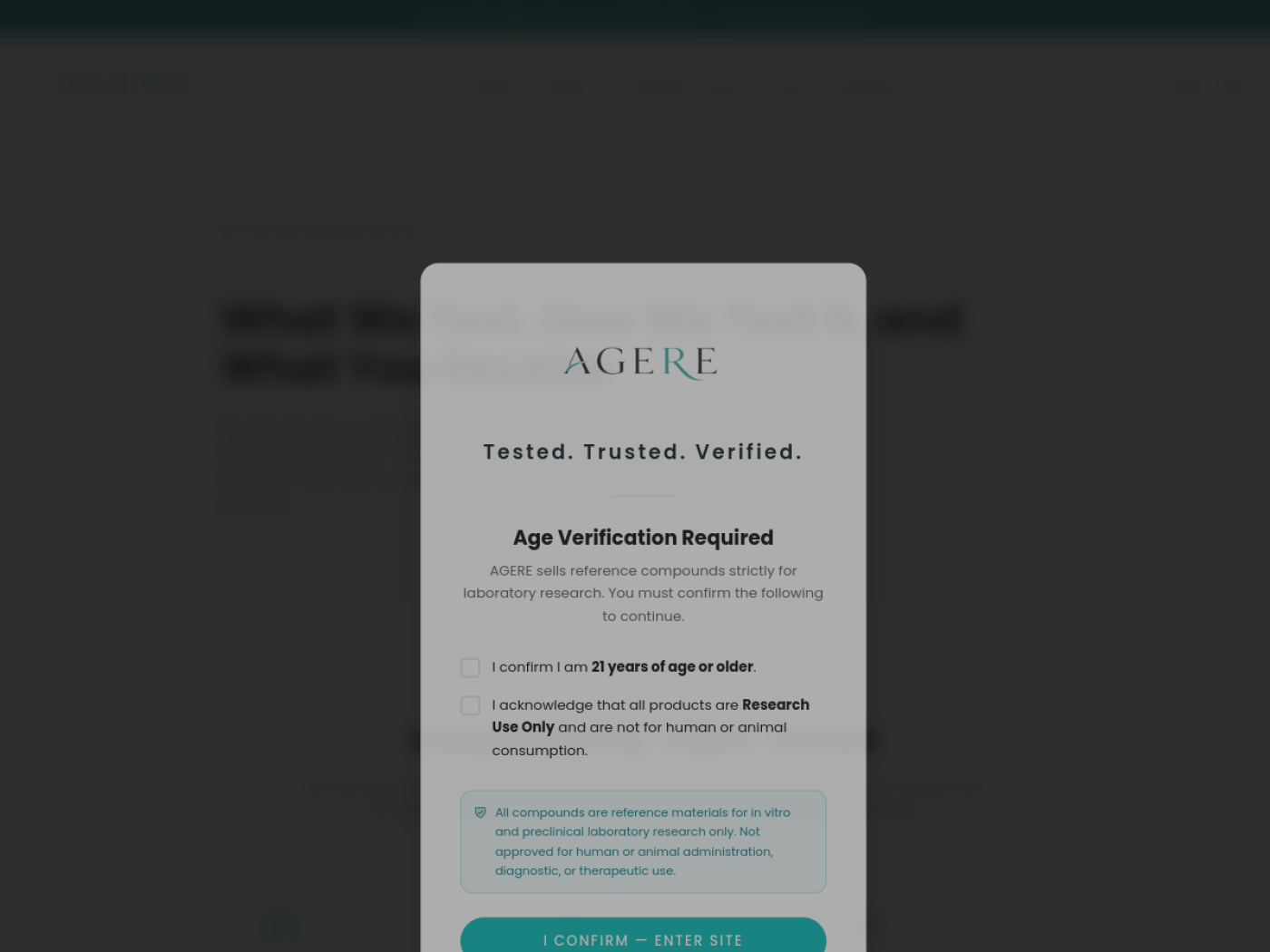 AGERE testing and COA documentation page showing the three pillars of independent third-party testing