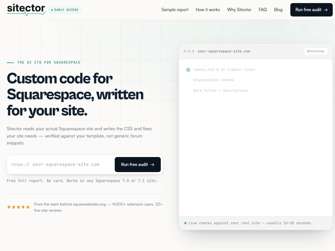 Sitector homepage — free AI visibility audit and custom code for Squarespace.