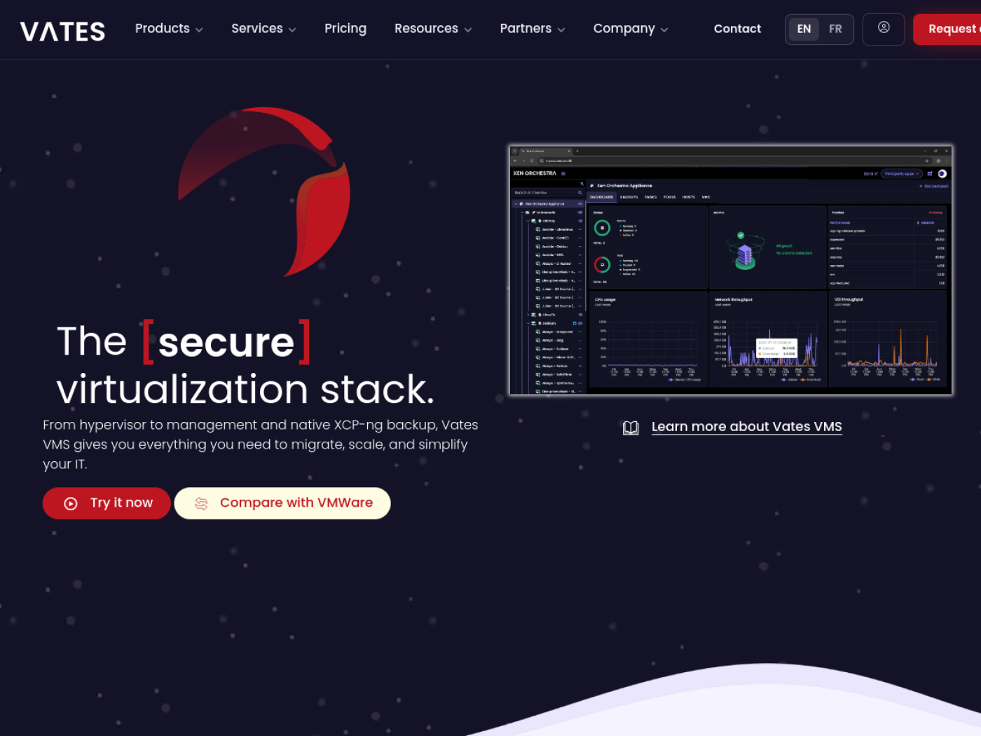 Official Vates public website showing XCP-ng and Xen Orchestra virtualization stack