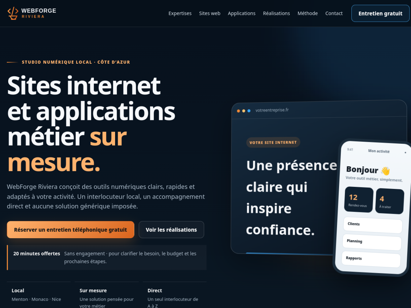 Aperçu réel du site WebForge Riviera en production