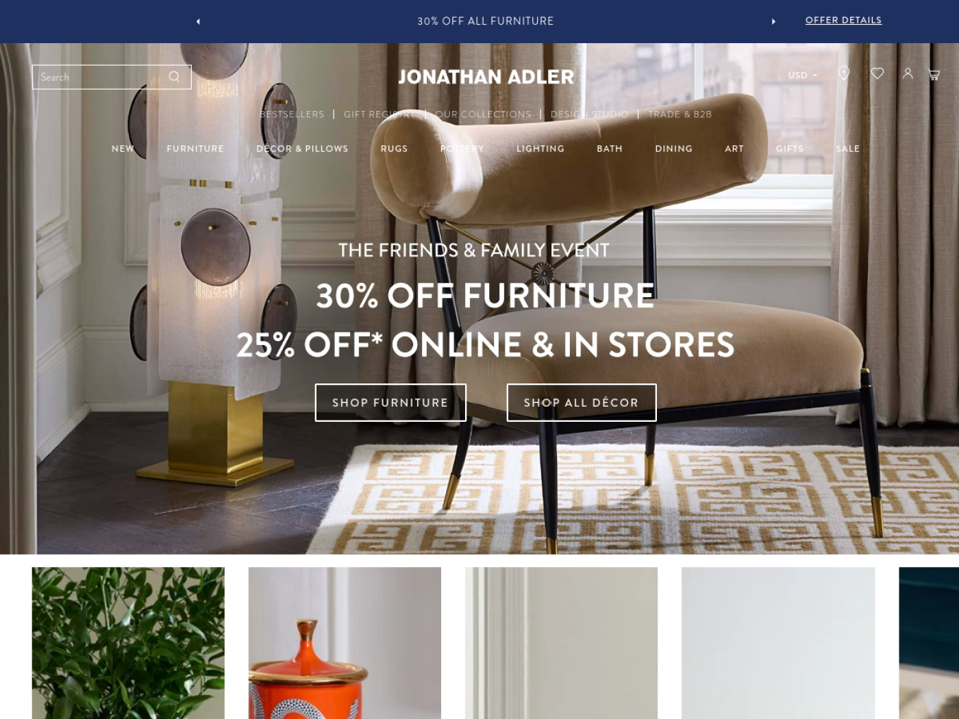 Jonathan Adler Shopify furniture and decor store homepage