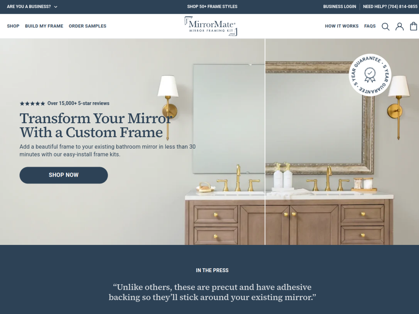 MirrorMate Shopify custom mirror frame store homepage
