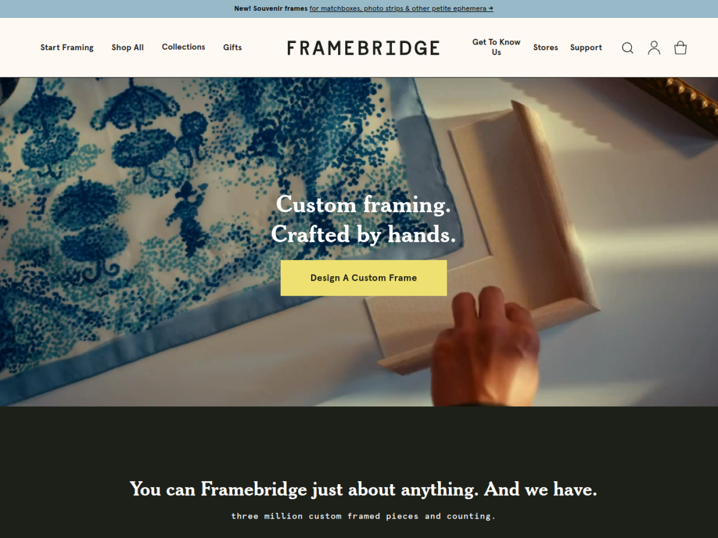 Framebridge Shopify custom framing store homepage