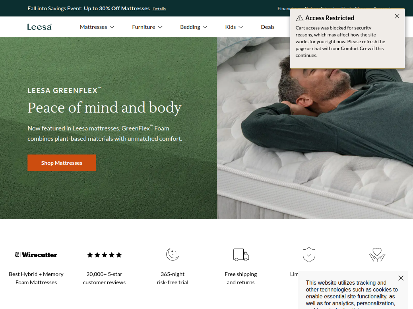 Leesa Shopify mattress and bedroom store homepage