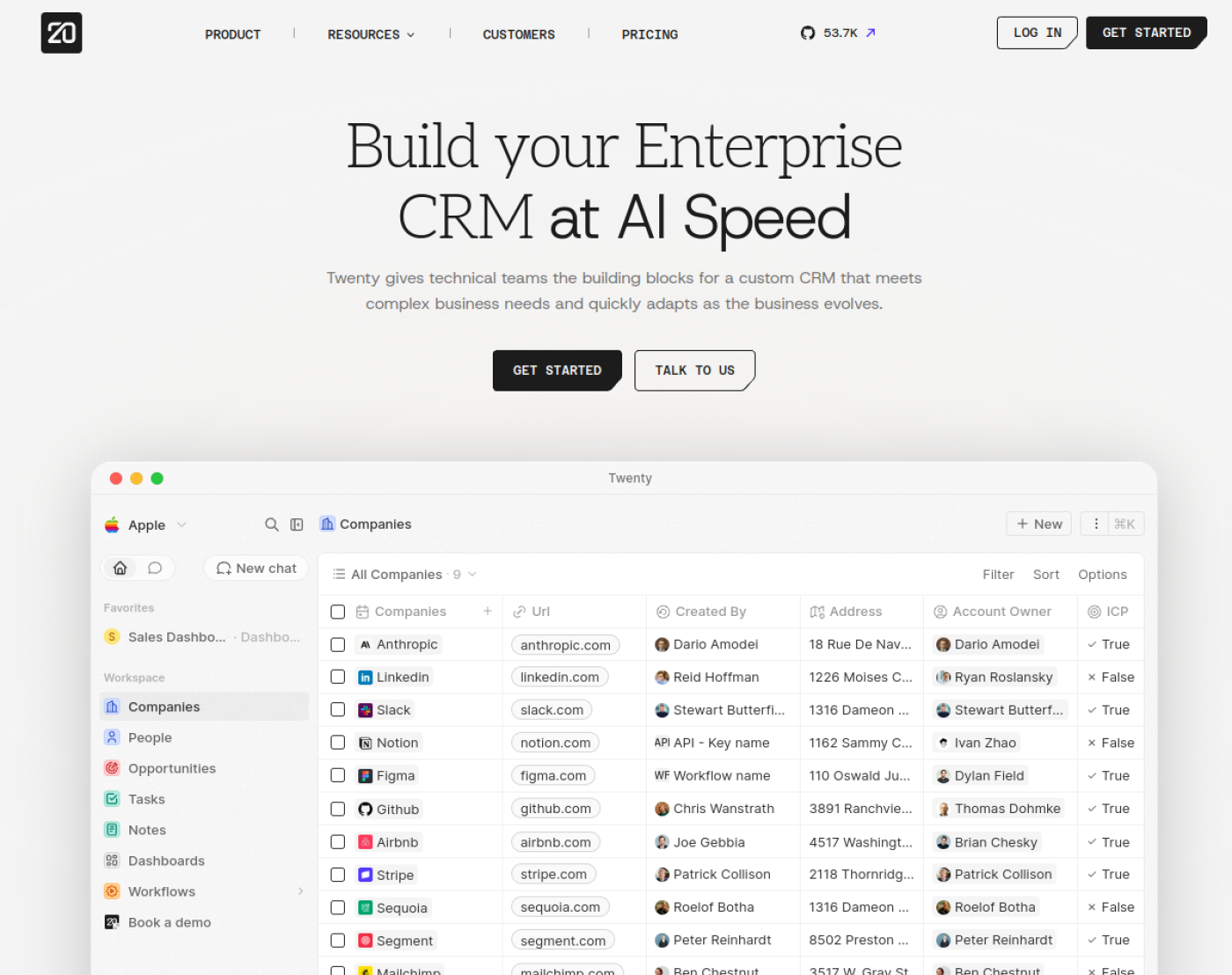 Official Twenty open-source CRM public website and product interface