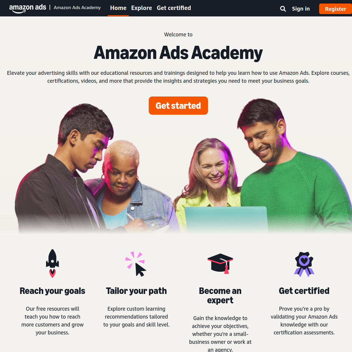 Amazon Ads Learning Console page used as a free reference for Amazon PPC fundamentals.