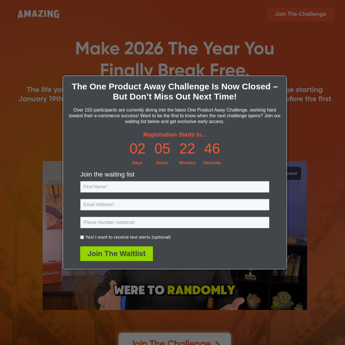 Screenshot preview of Amazing.com One Product Away Challenge page describing a short training challenge format.