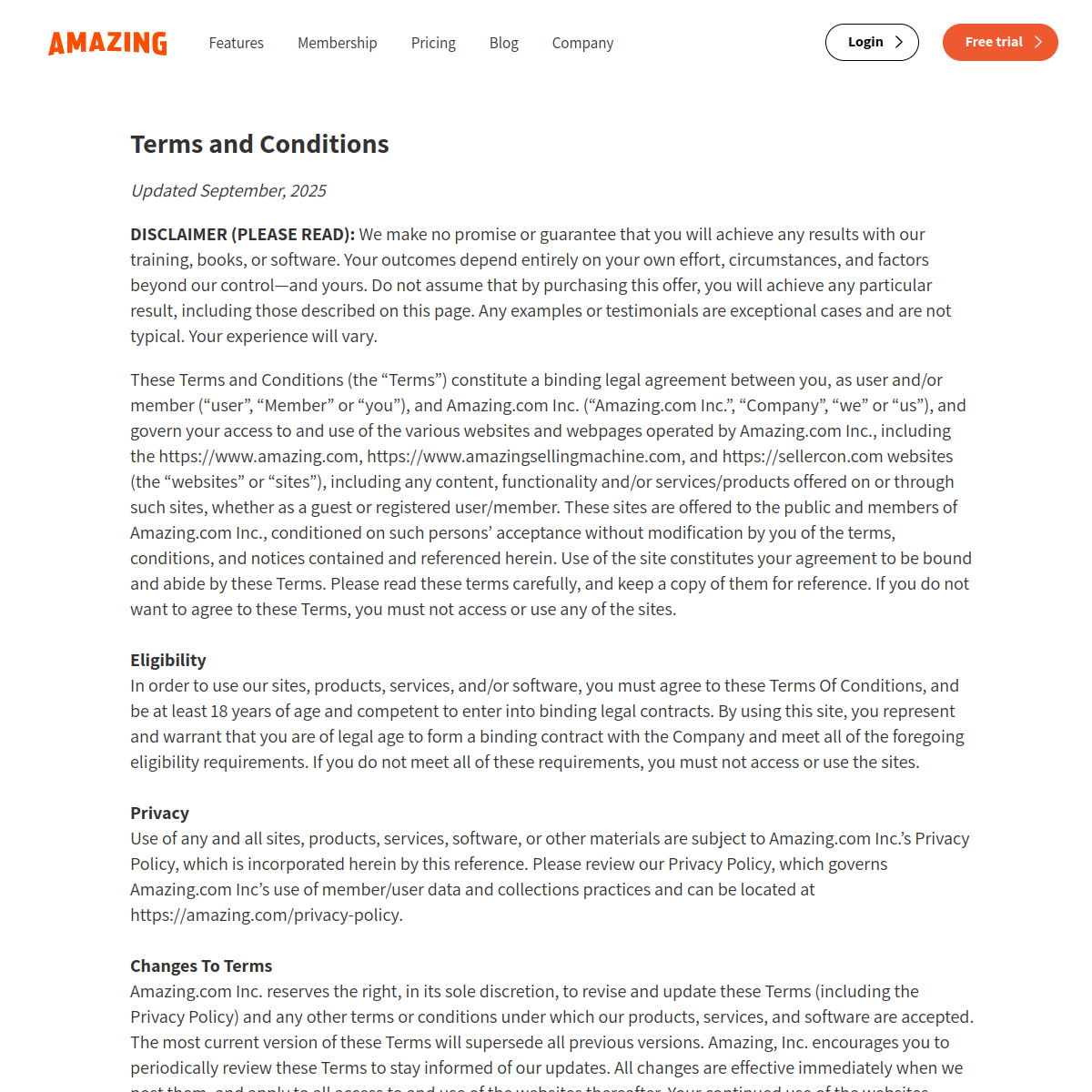 Screenshot preview of Amazing.com terms page used to confirm refund timing and cancellation instructions.