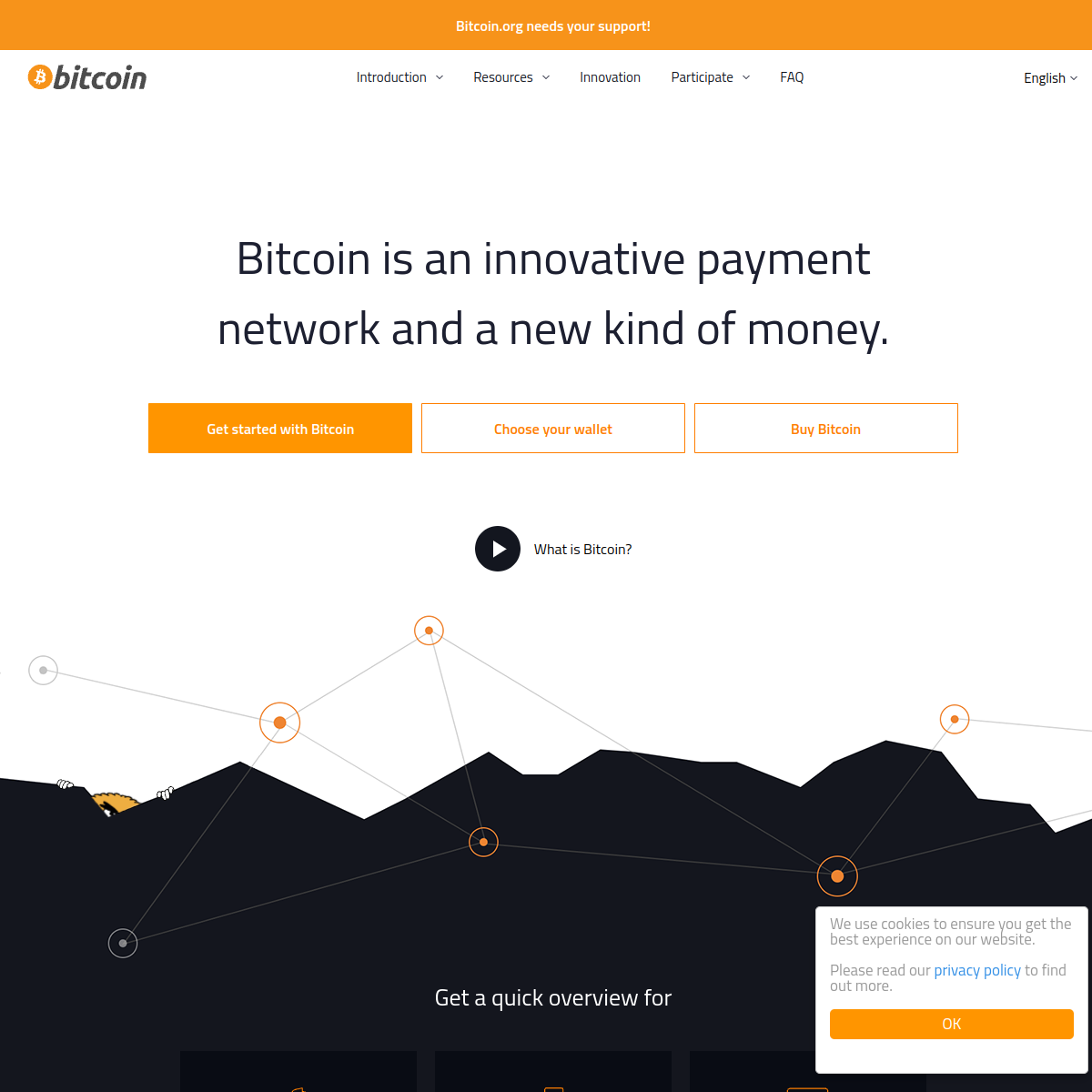 Bitcoin official website capture showing the network's proof-of-work and global network positioning