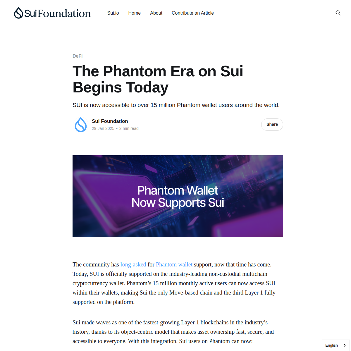 Sui Foundation post announcing live Phantom wallet support on Sui