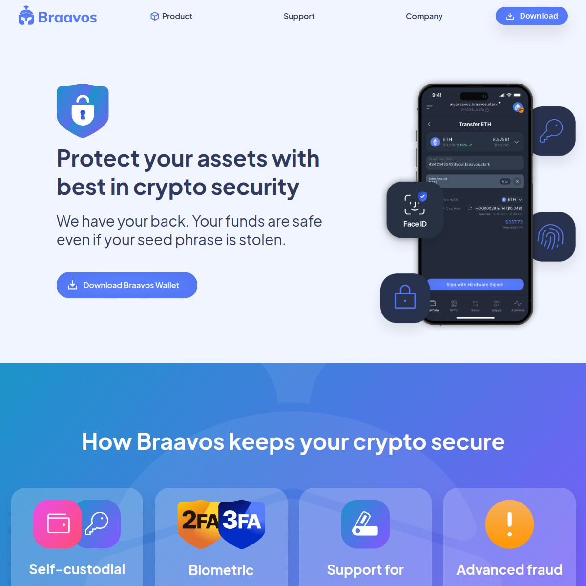Braavos security page showing biometric and hardware signer framing