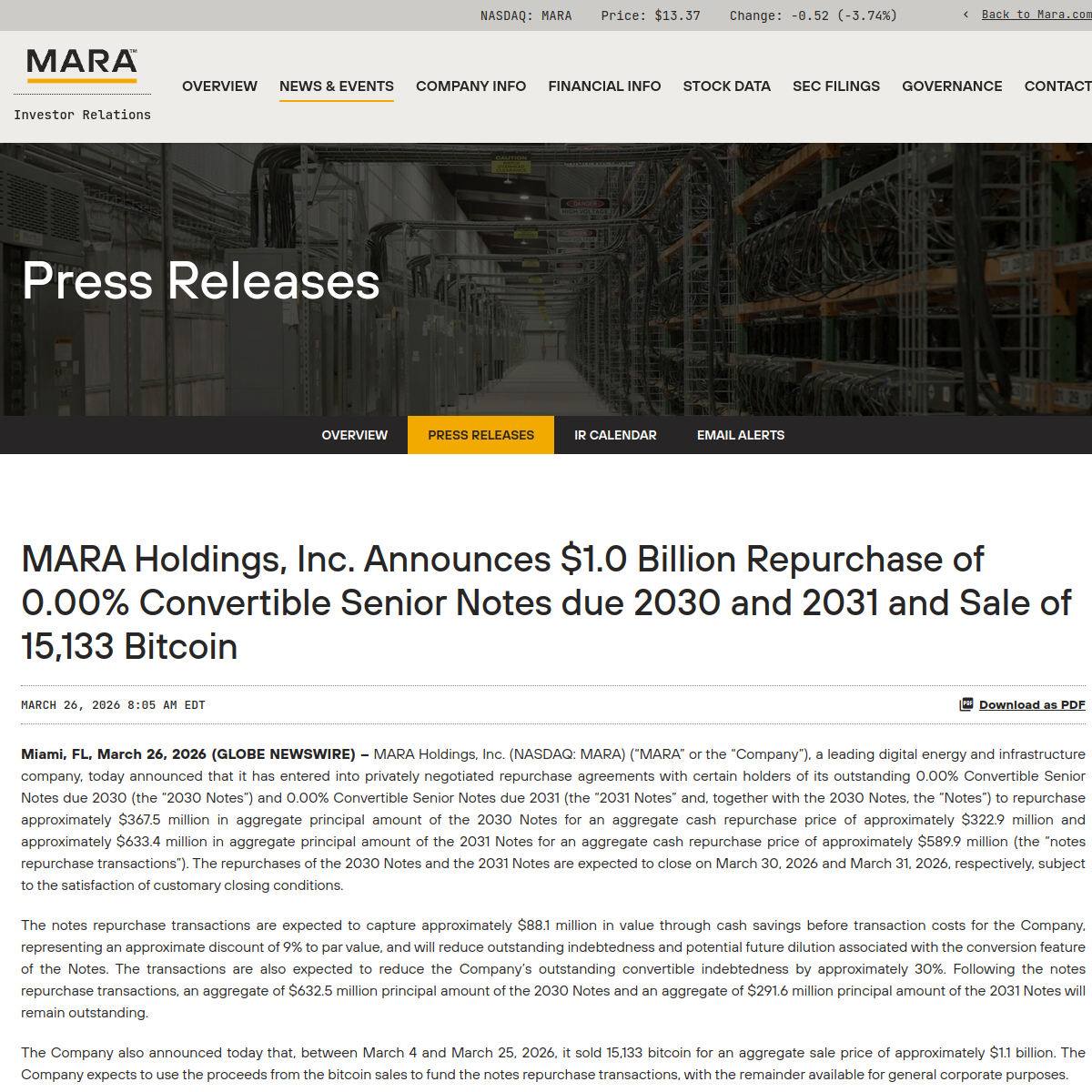MARA investor-relations page used as a visual placeholder for treasury management activity