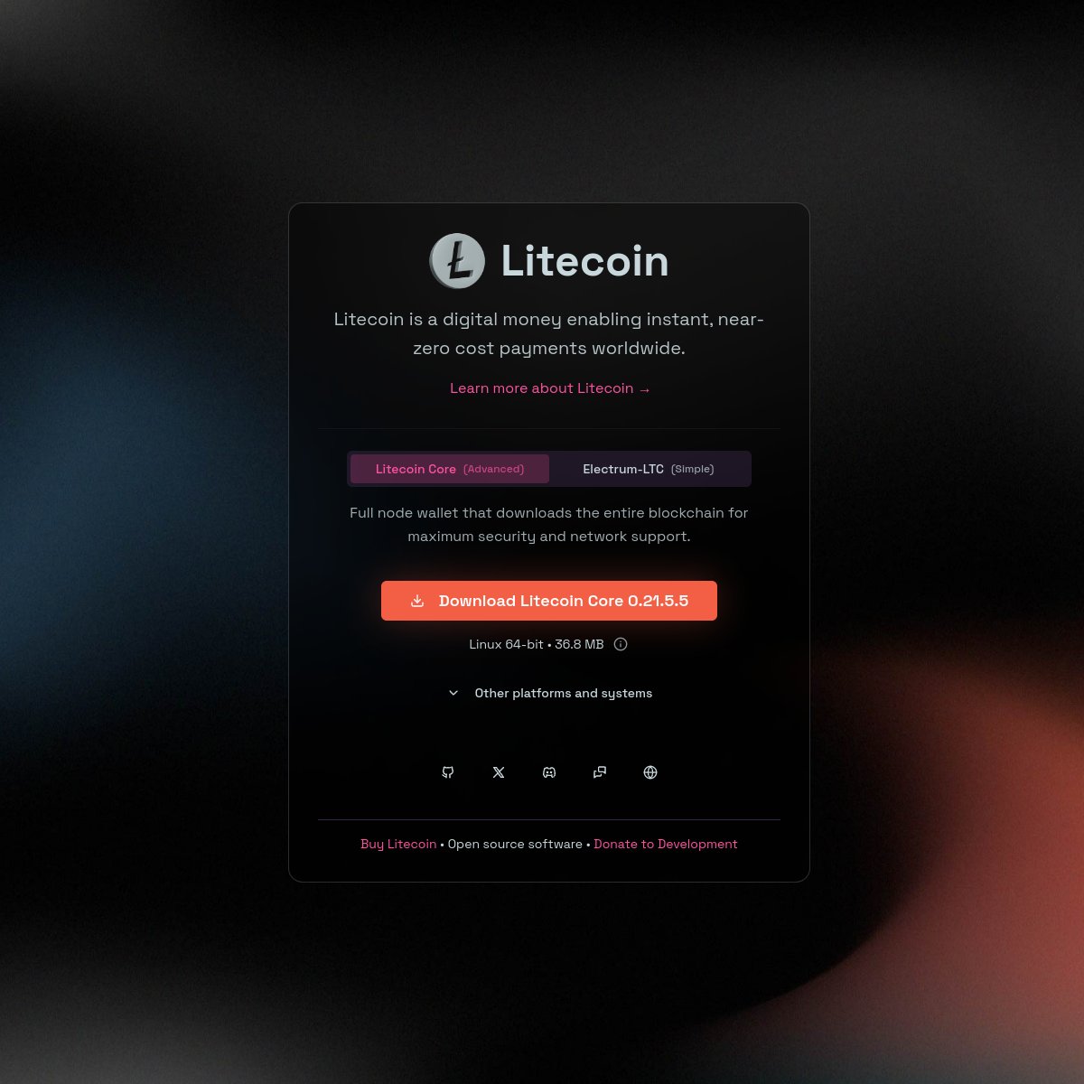 Litecoin official website capture showing the network's legacy proof-of-work branding