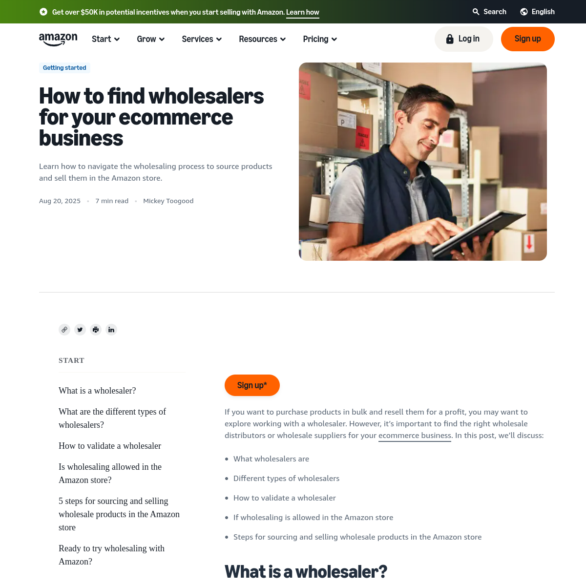 Screenshot preview of Amazon's blog post about finding wholesalers for sourcing products.