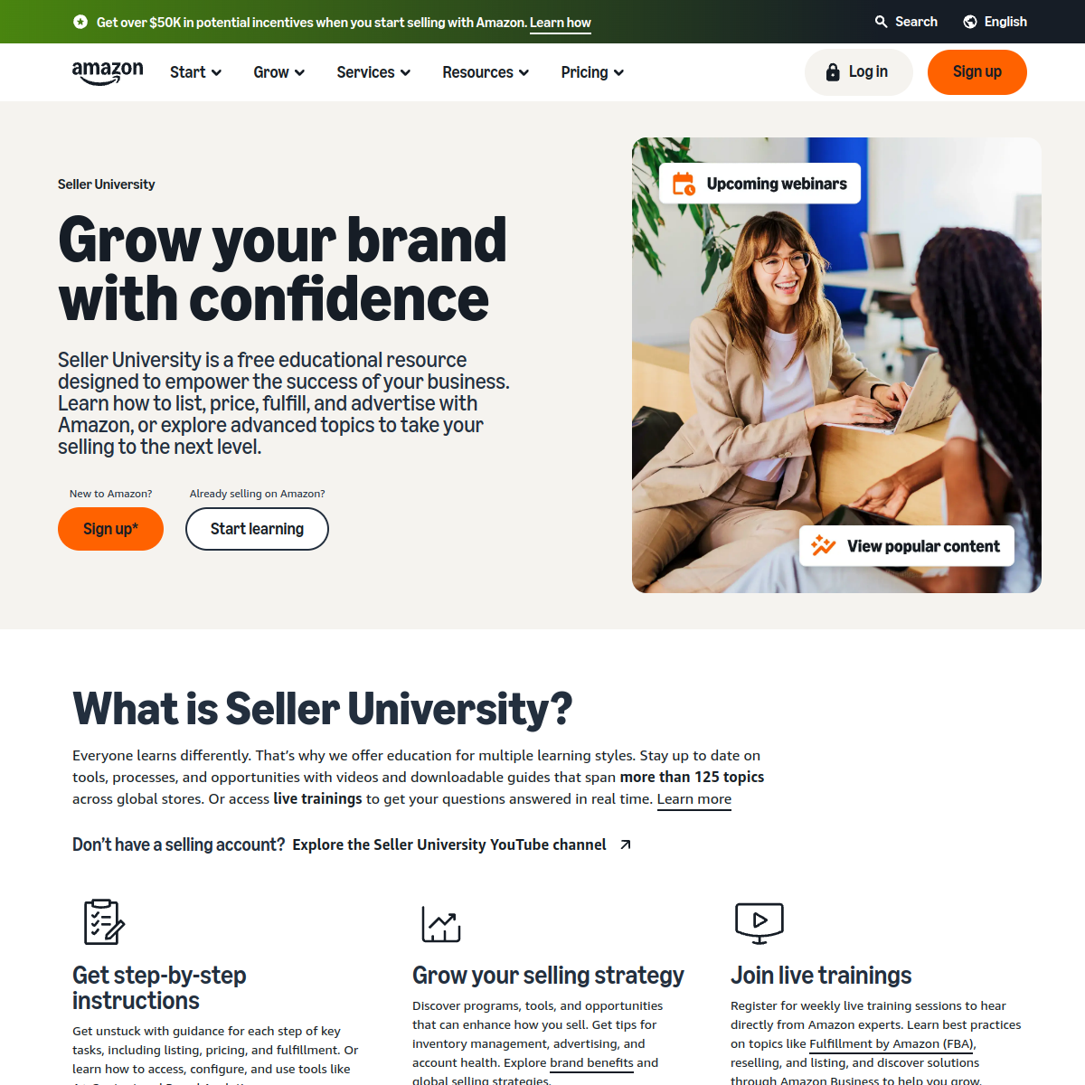 Amazon Seller University page used as a free reference for listing and FBA fundamentals.