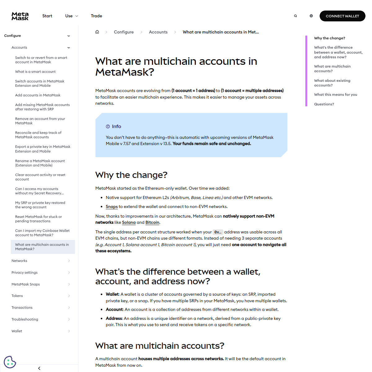 MetaMask documentation page on multichain accounts and wallet structure