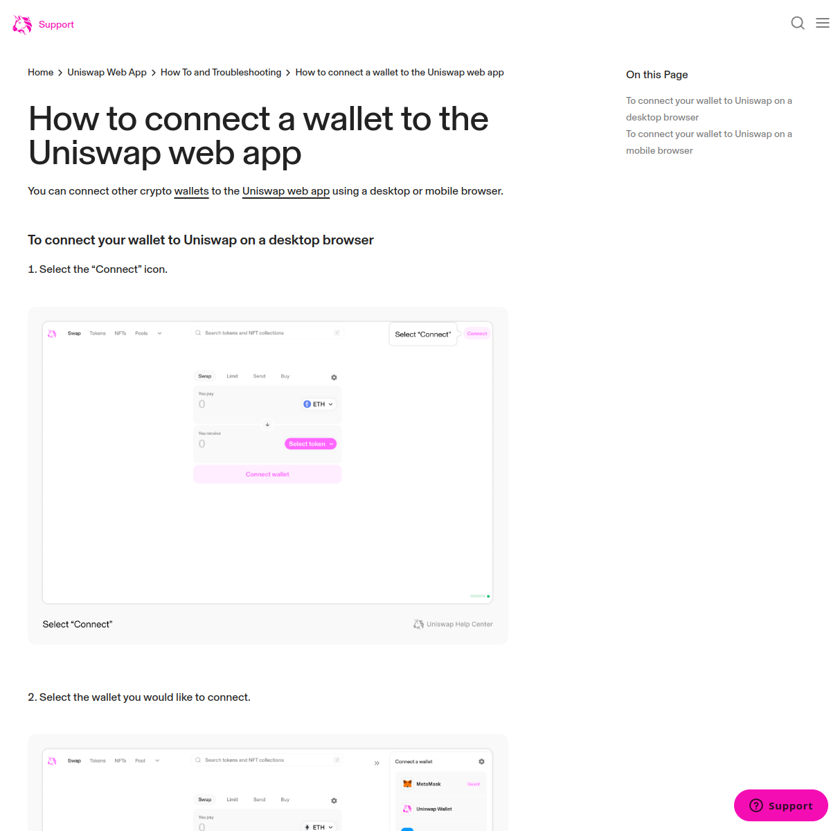 Uniswap support page showing wallet connection workflow for web trading