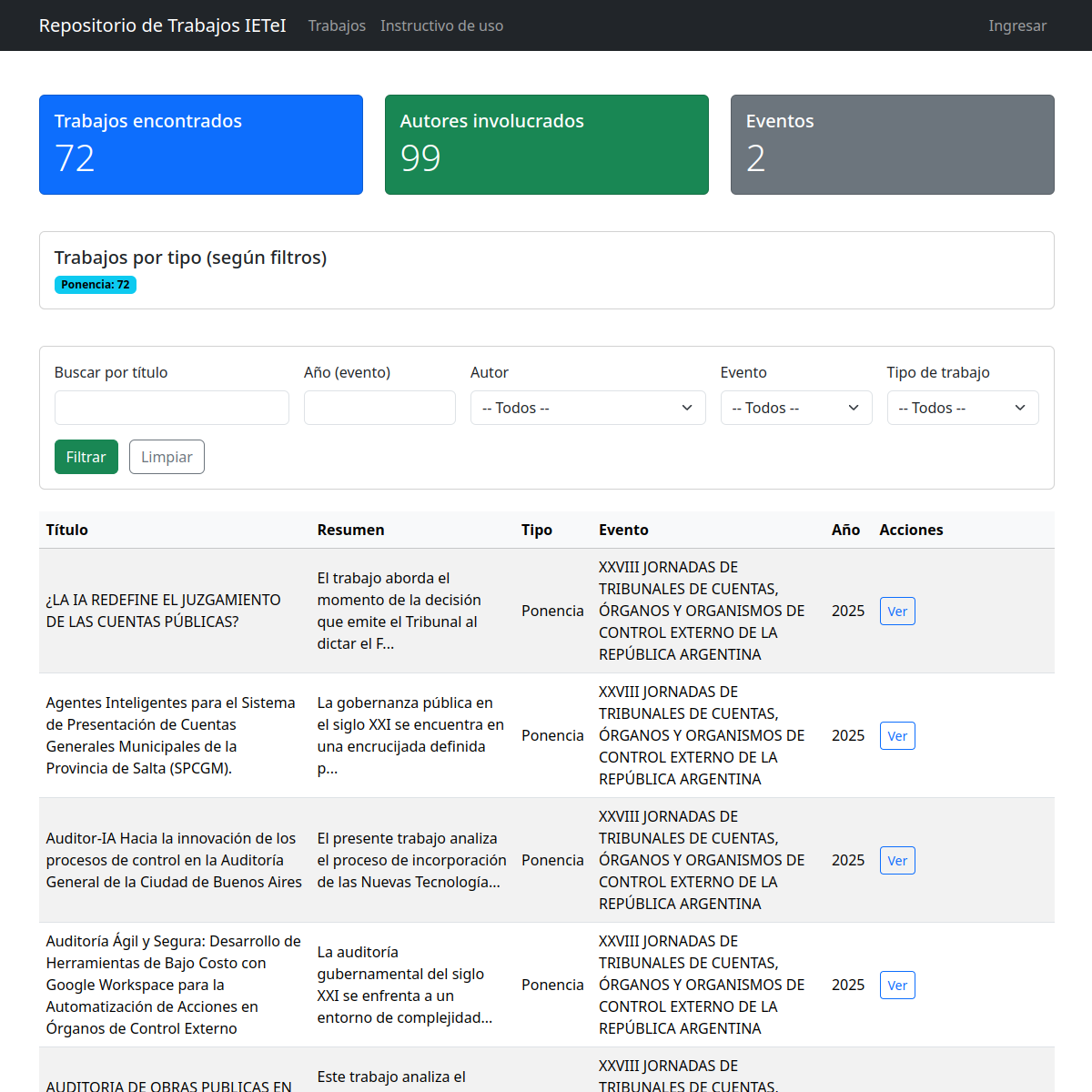 Pantalla inicial del repositorio (Trabajos)
