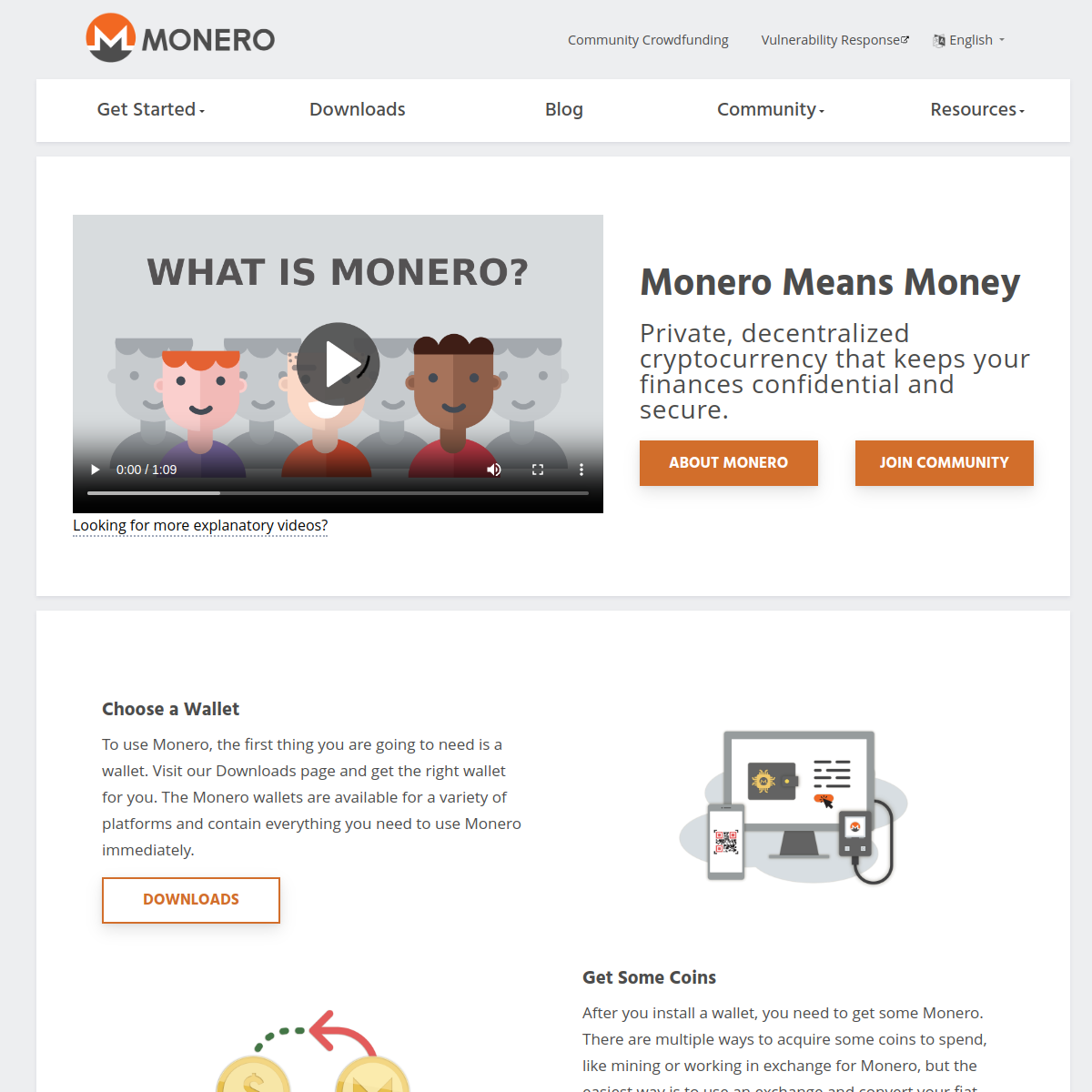 Monero official website capture showing the network's privacy-first positioning