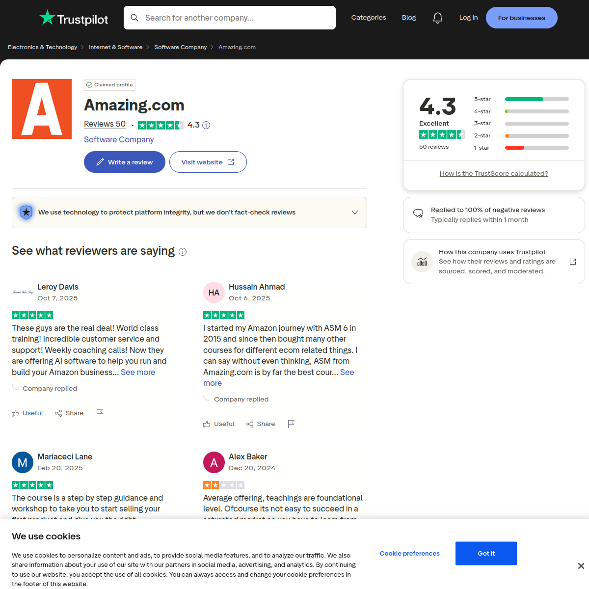 Screenshot preview of Amazing.com Trustpilot review page, used as one external data point to consider alongside other sources.
