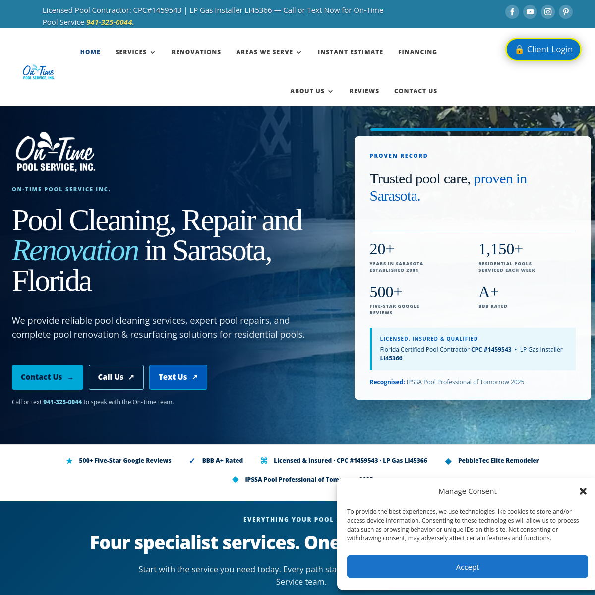 Screenshot of the On-Time Pool Service, Inc. website