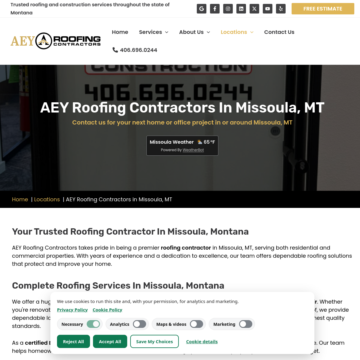 Screenshot of the AEY Roofing Contractors - Missoula website