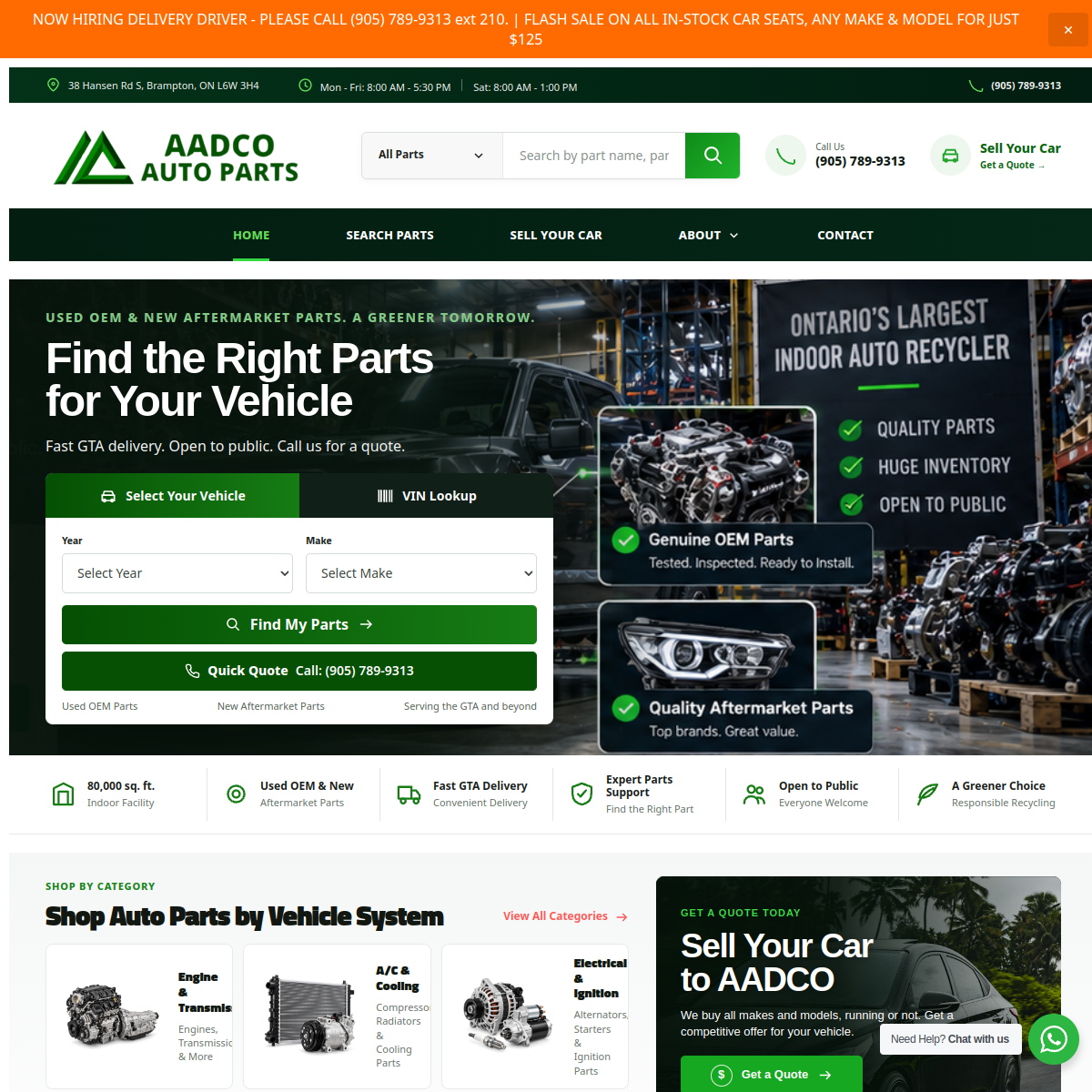 Screenshot of the AADCO Auto Parts website