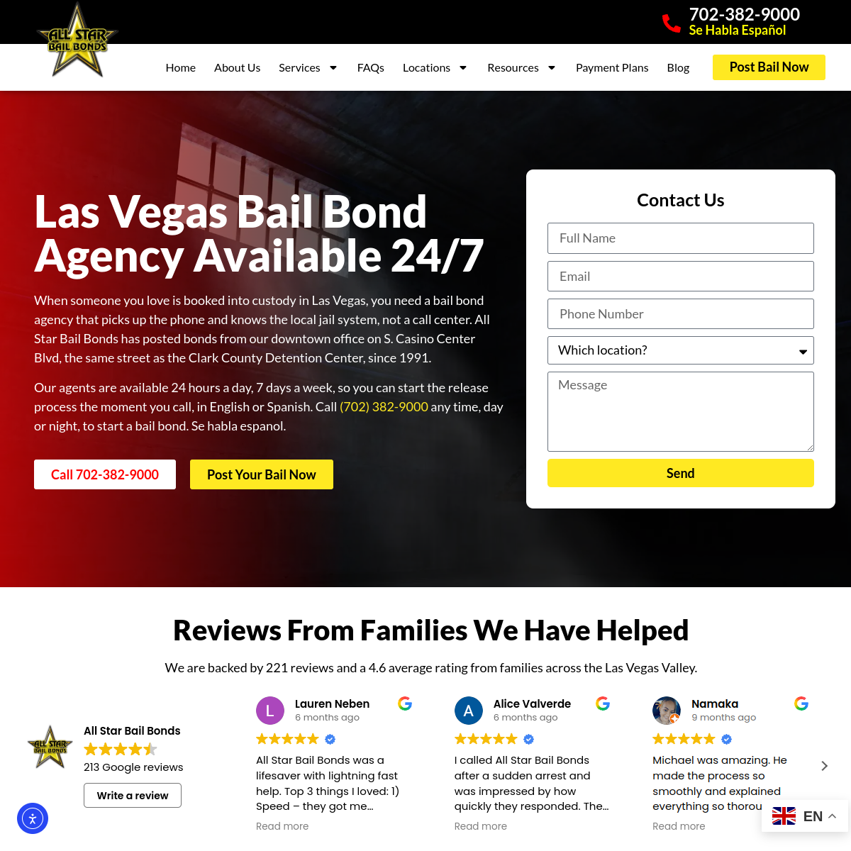 Screenshot of the All Star Bail Bonds website