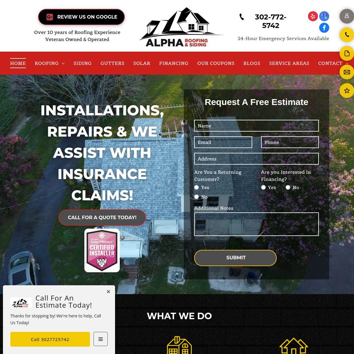 Screenshot of the Alpha Roofing & Siding website