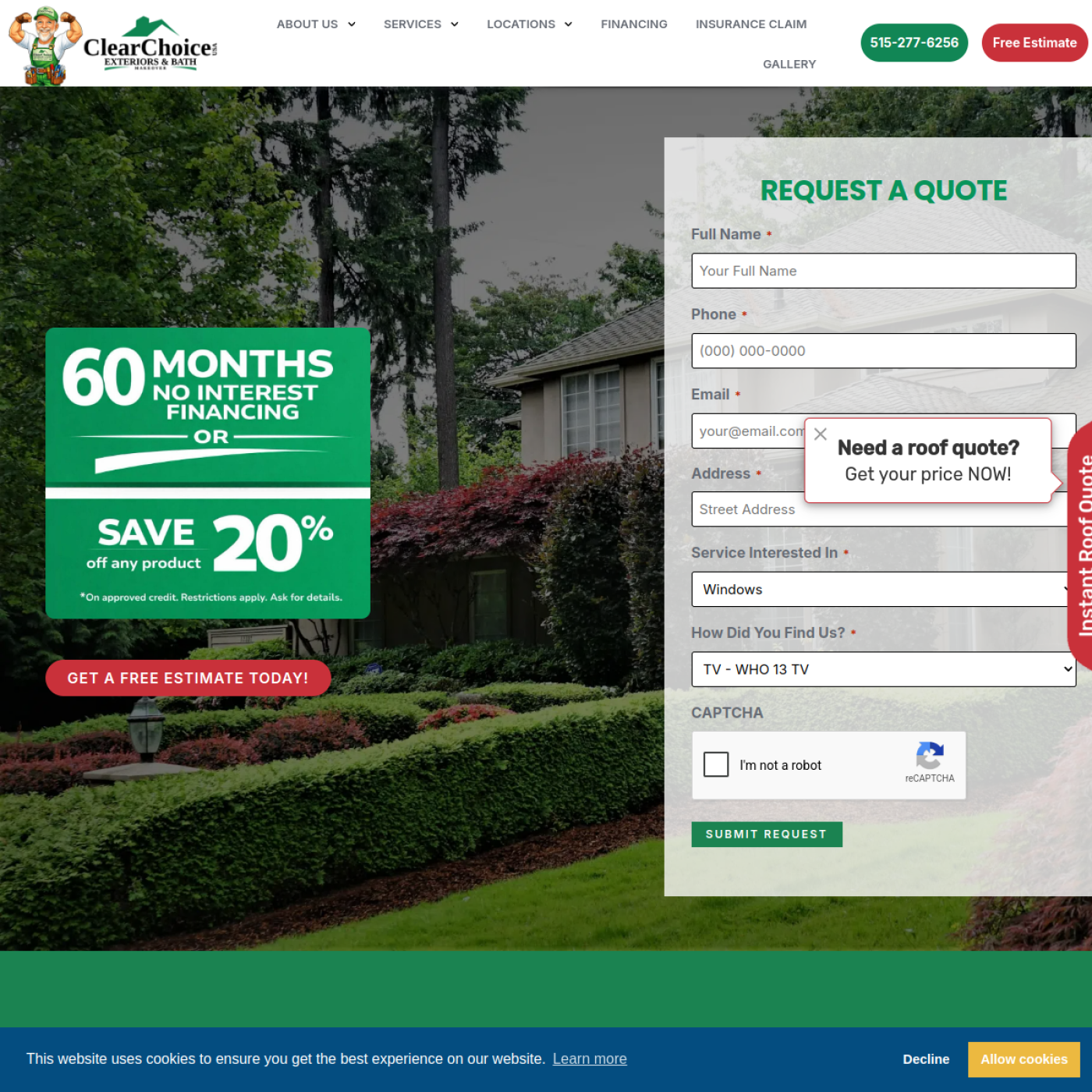 Screenshot of the Clear Choice Exteriors & Bath Makeover of Iowa website