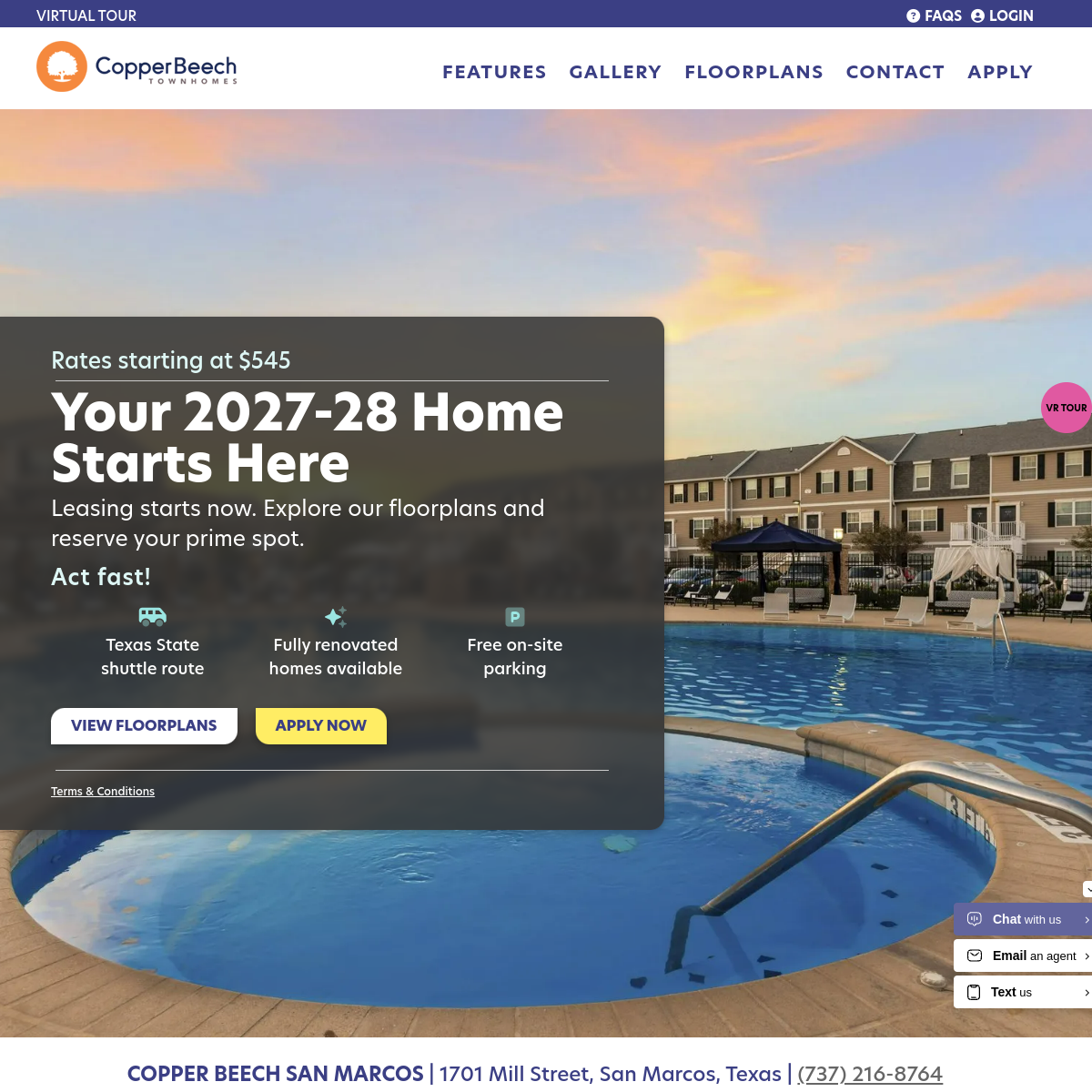 Screenshot of the Copper Beech at San Marcos website