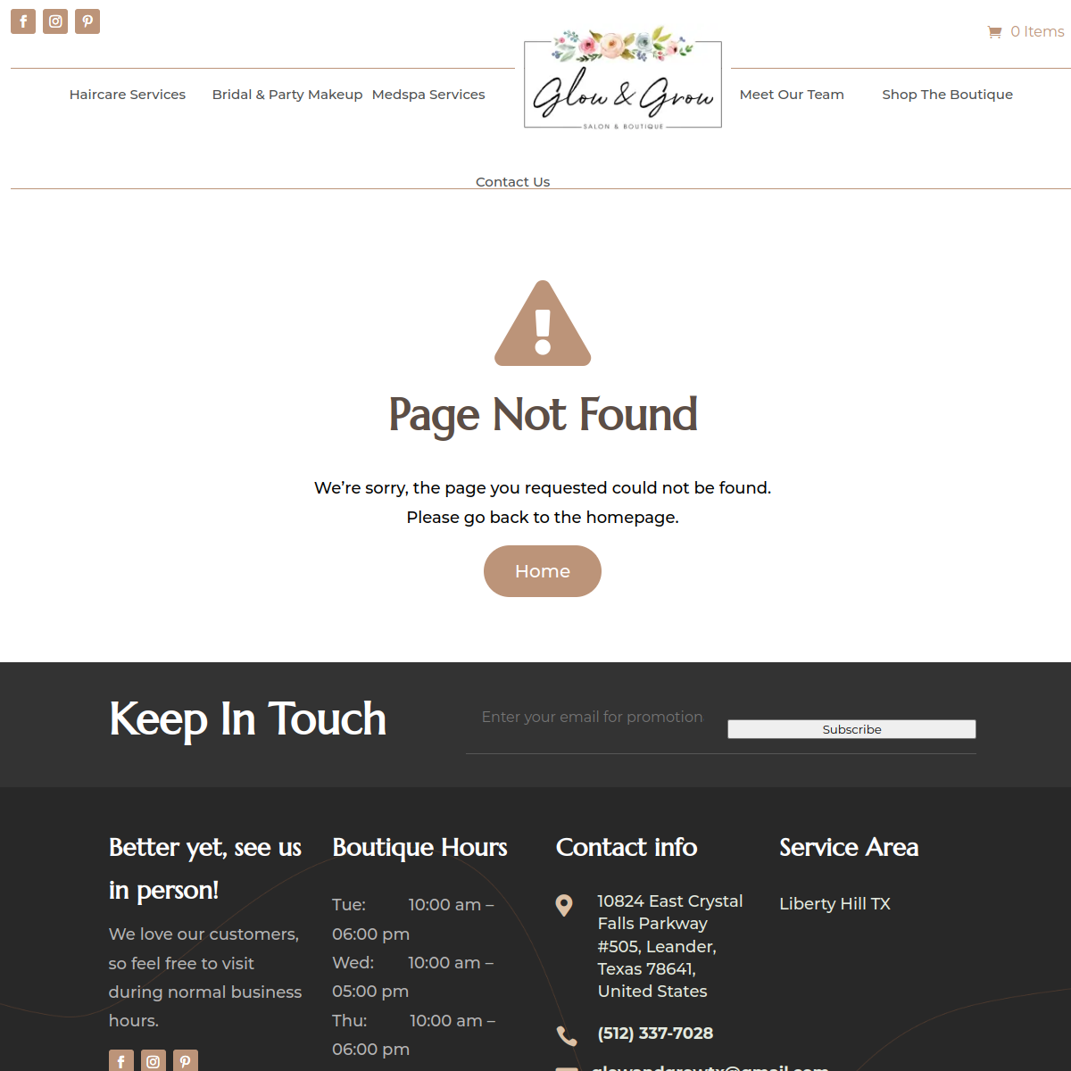 Screenshot of the Glow & Grow Salon and Boutique website