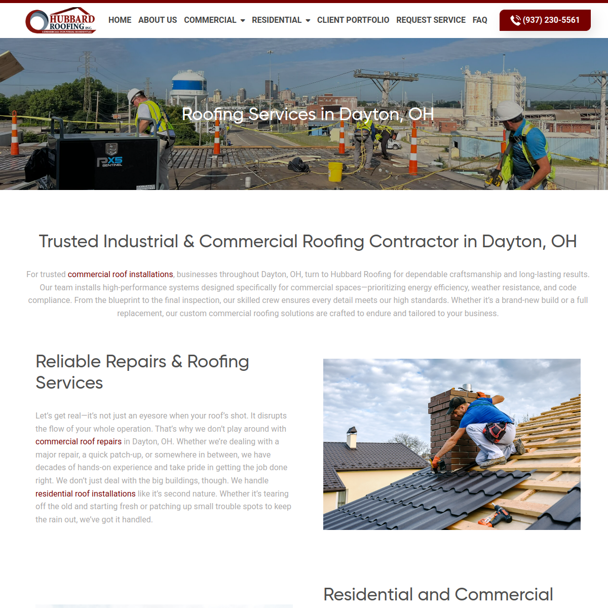 Screenshot of the Hubbard Roofing, Inc website
