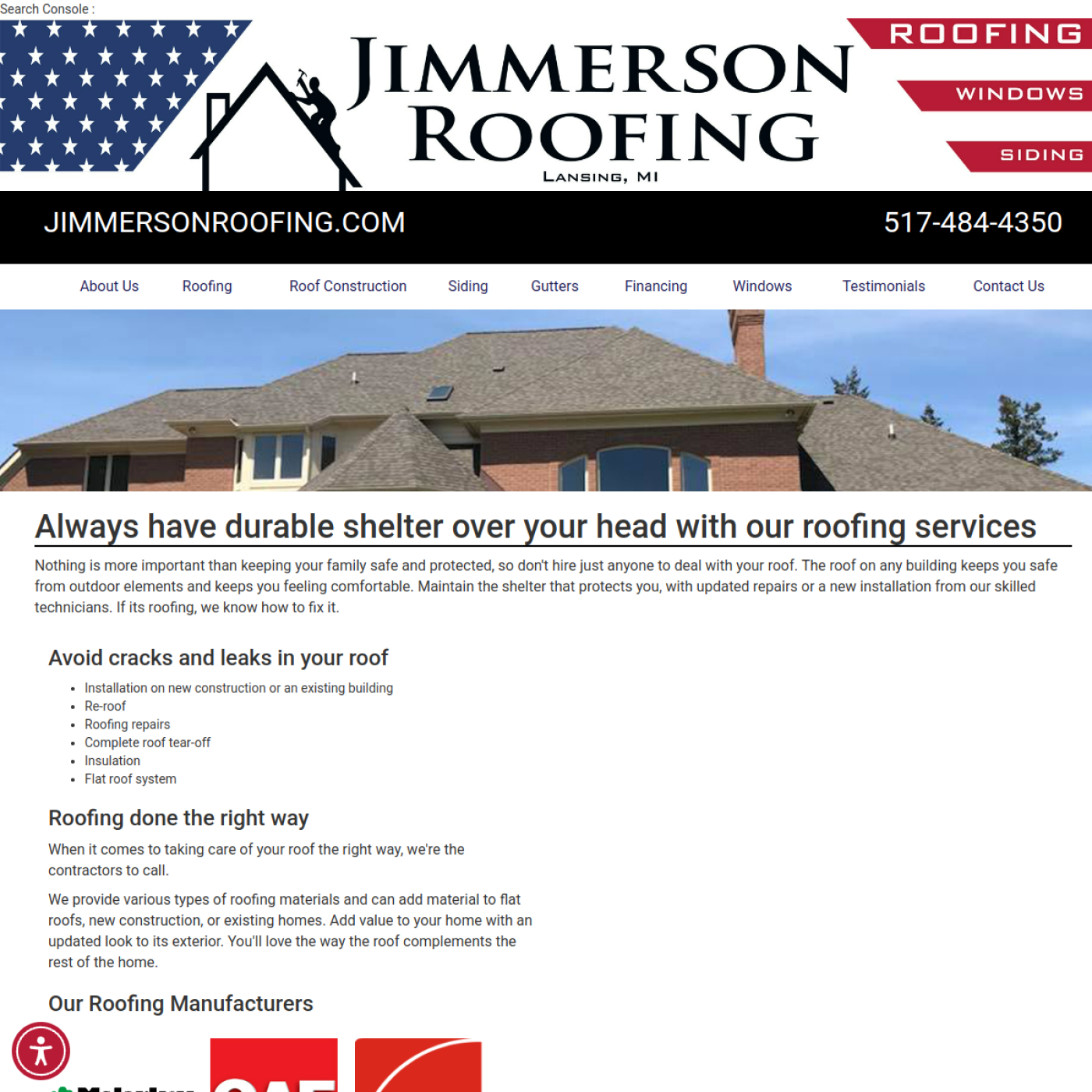 Screenshot of the Jimmerson Roofing website