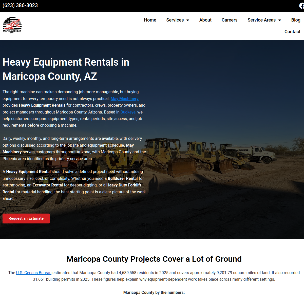 Screenshot of the May Machinery Heavy Equipment Rental & Repair Services website