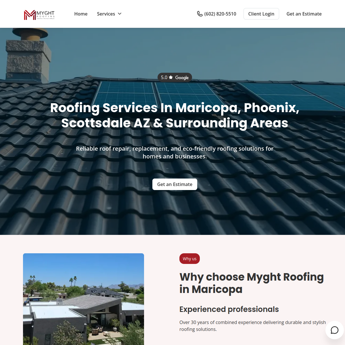 Screenshot of the MYGHT ROOFING website