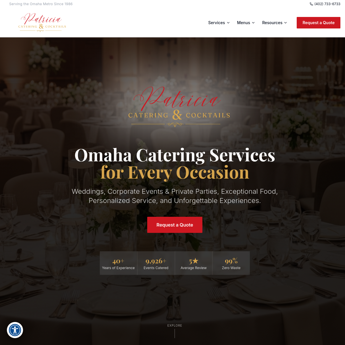 Screenshot of the Patricia Catering & Cocktails website