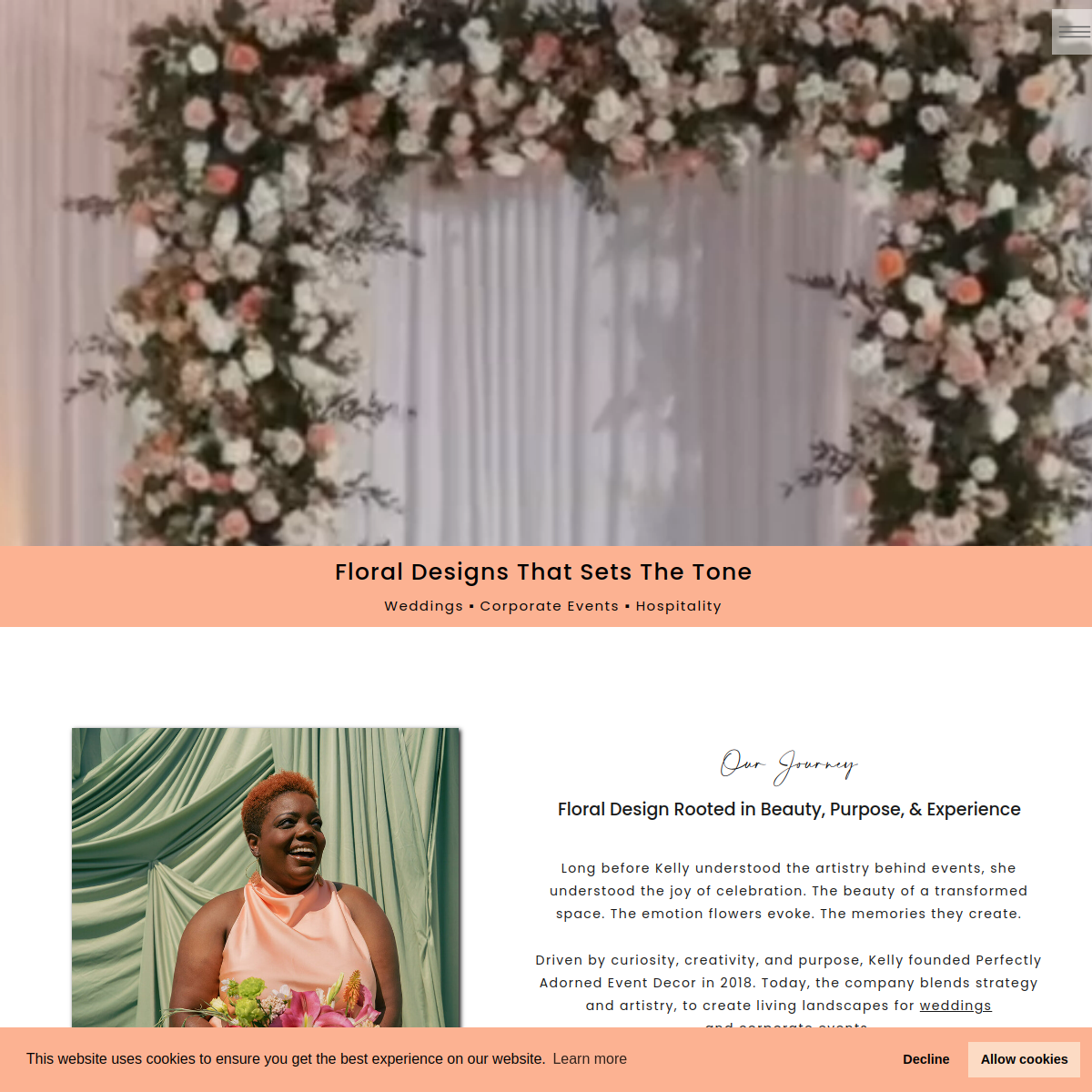 Screenshot of the Perfectly Adorned Event Decor website