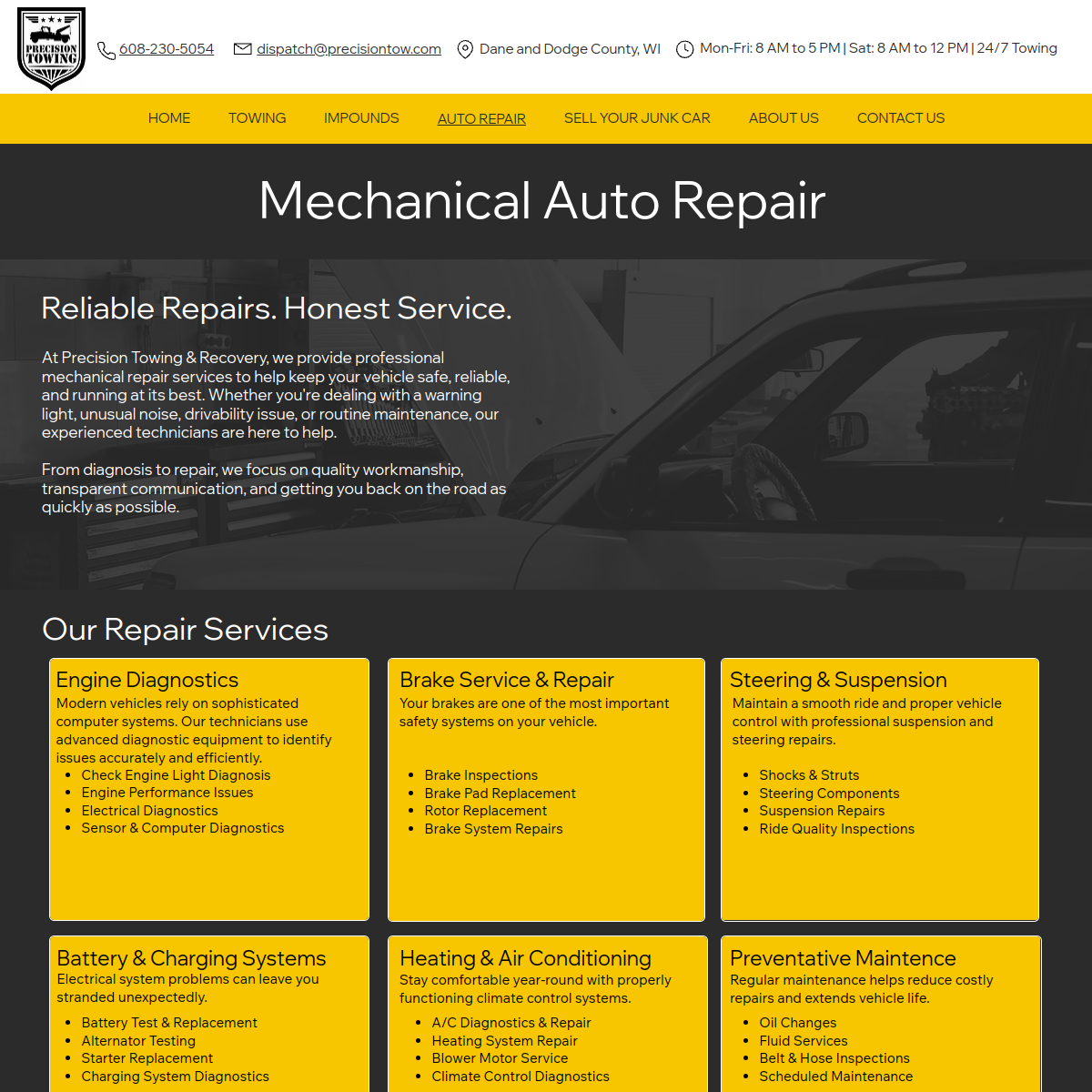 Screenshot of the Precision Towing & Recovery website