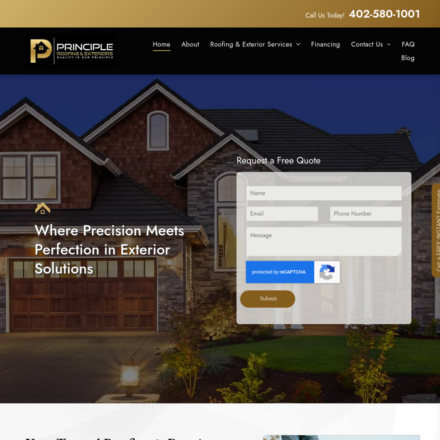 Screenshot of the Principle Roofing & Exteriors website