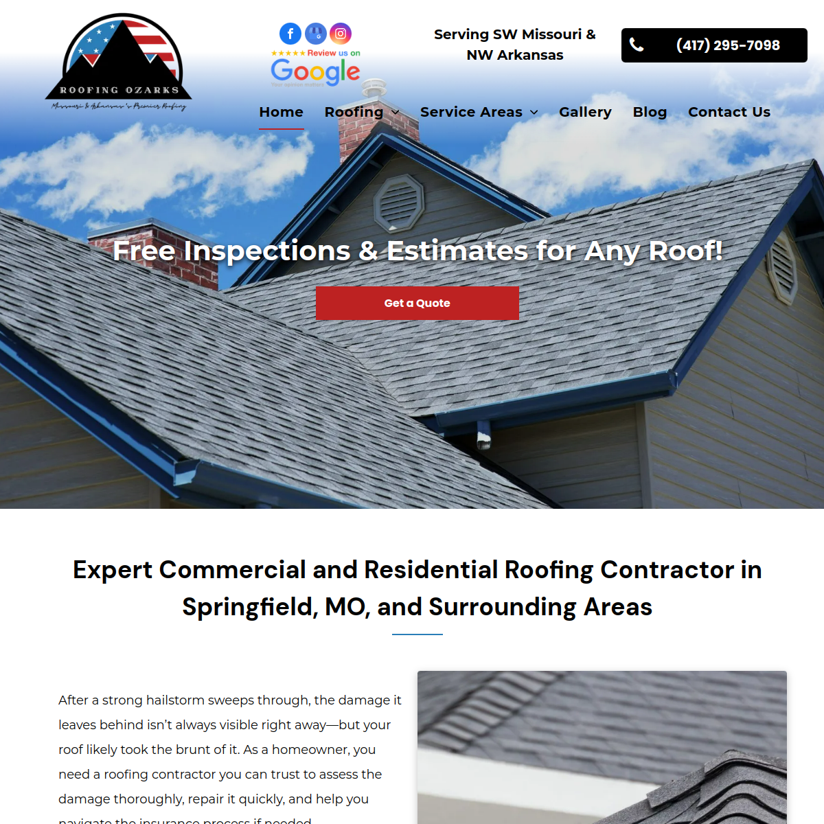 Screenshot of the Roofing Ozarks website