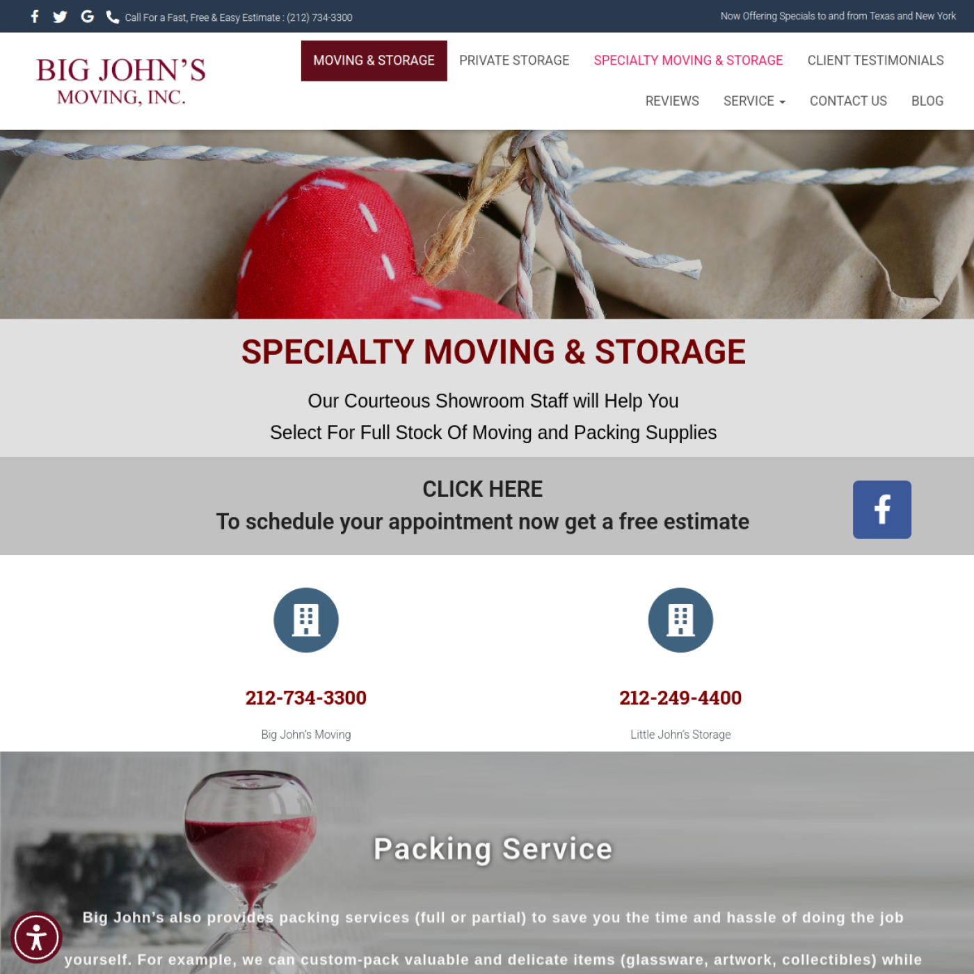 Screenshot of the Big John's Moving and Storage website