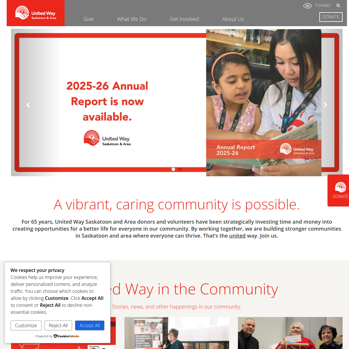 Screenshot of the United Way of Saskatoon & Area website
